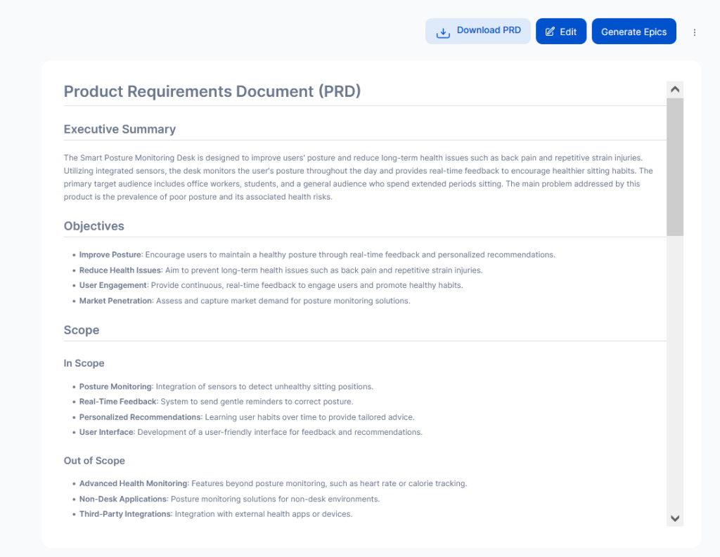 AI-driven tool for automatic creation of detailed Product Requirement Documents from project ideas